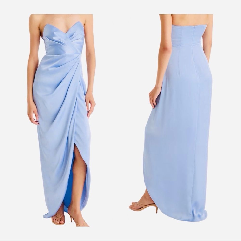EXPRESS Satin Strapless Removable Puff Sleeves Midi Dress Alpine Blue Size 6